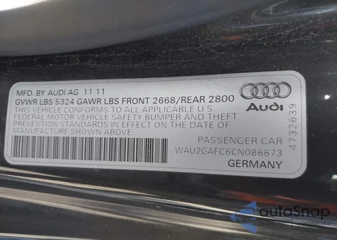 2012 Audi A7 Premium from USA, damaged, VIN WAU2GAFC6CN086673